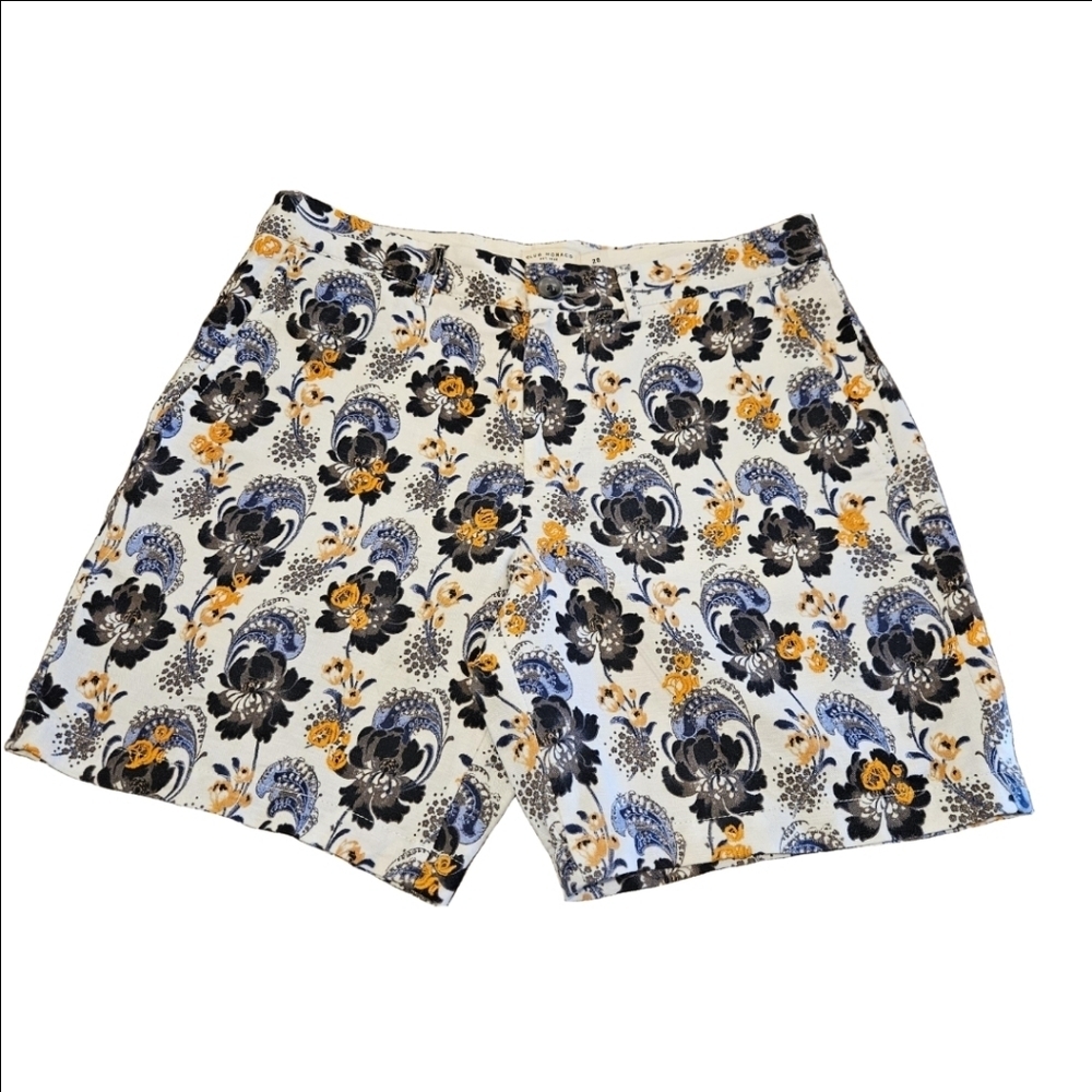 Club Monaco Men's Baxter Fit White Shorts Black, Purple Orange Floral Design, 28